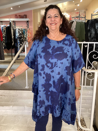 RUFFLE TIE-DYE TUNIC - BLUE
