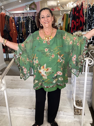 SILK TUNIC-ELEGANT CRANE LOTUS