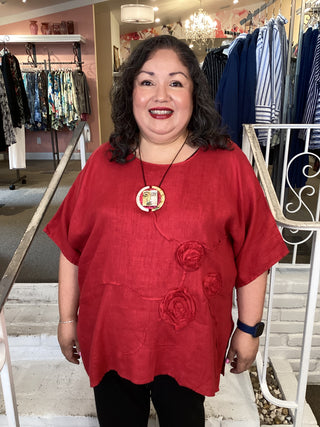 LINEN GAUZE BOXY TOP - RED