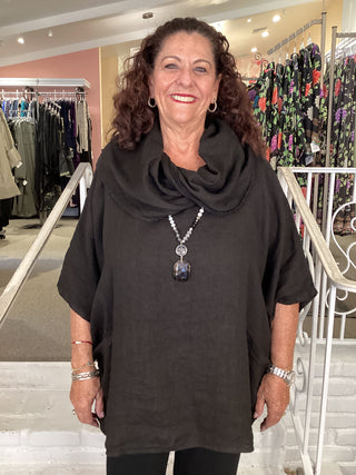 COWL LINEN TOP - BLACK