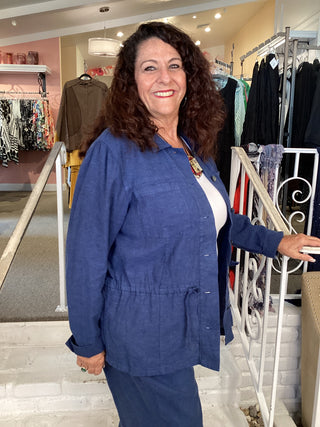 LINEN FLORA JACKET - NAVY